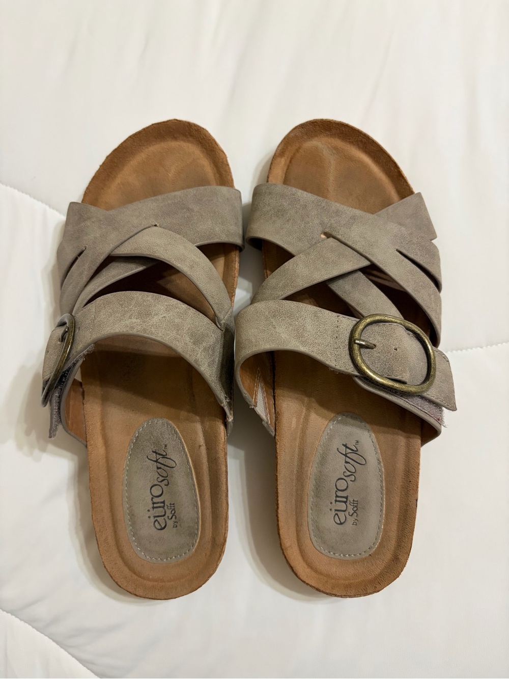 Eurosoft Taupe Crisscross Slide Sandals with Buckle - size 7.5
